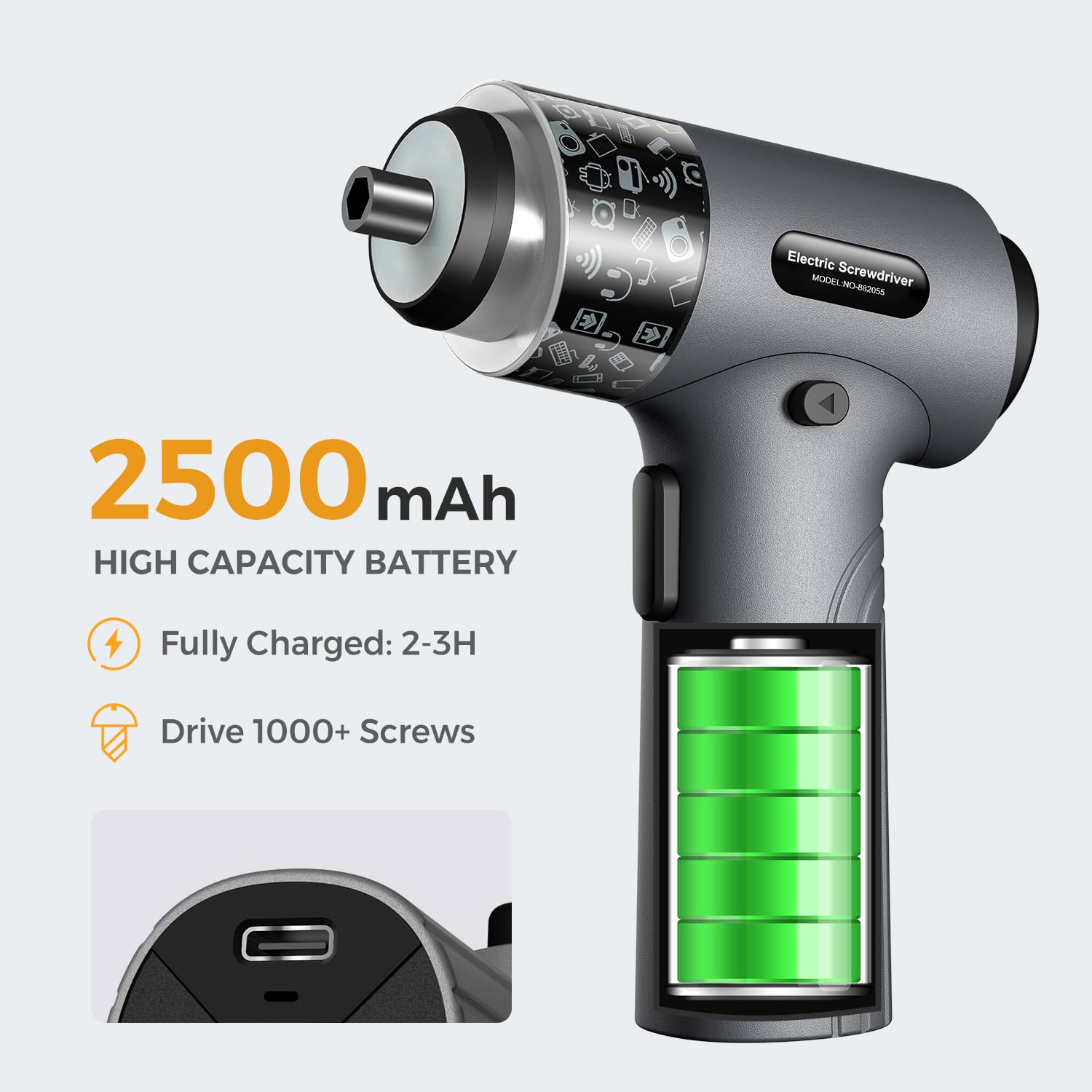 Cordless Electric Screwdriver 2500mAh Rechargeable 32 Piece Bit Set with Digital Display