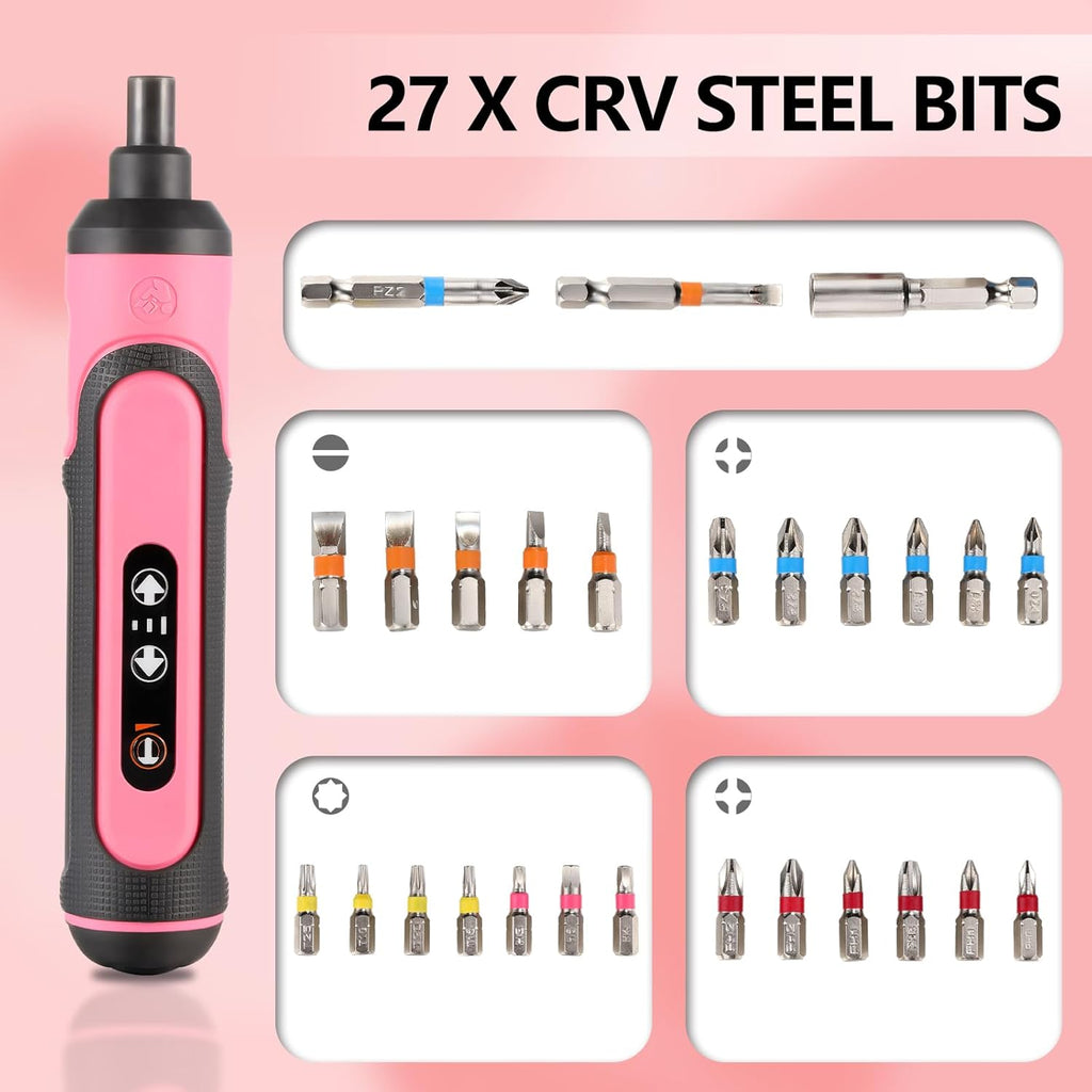 4V Cordless Electric Screwdriver 3 Torque Settings with 26 Bits for Furniture